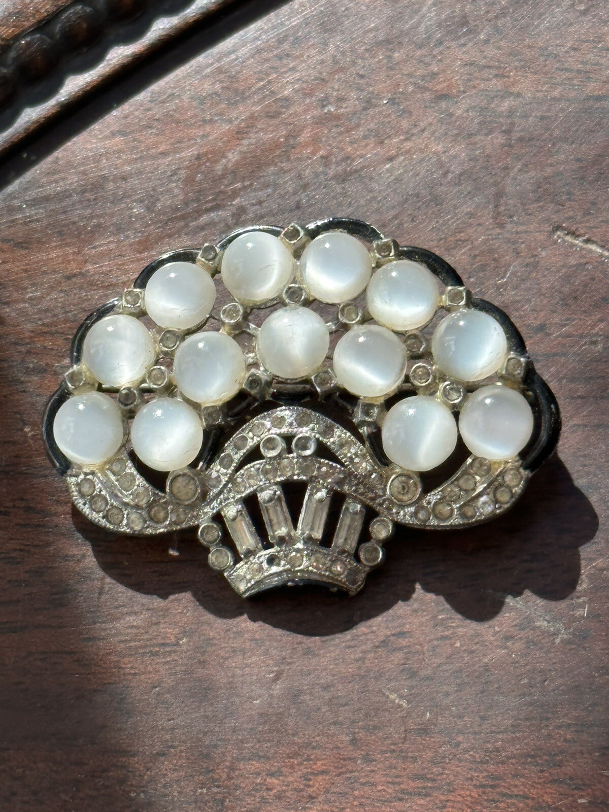 Vintage New England Glass Works Basket of Moonstone Flowers Art Deco Brooch Pin