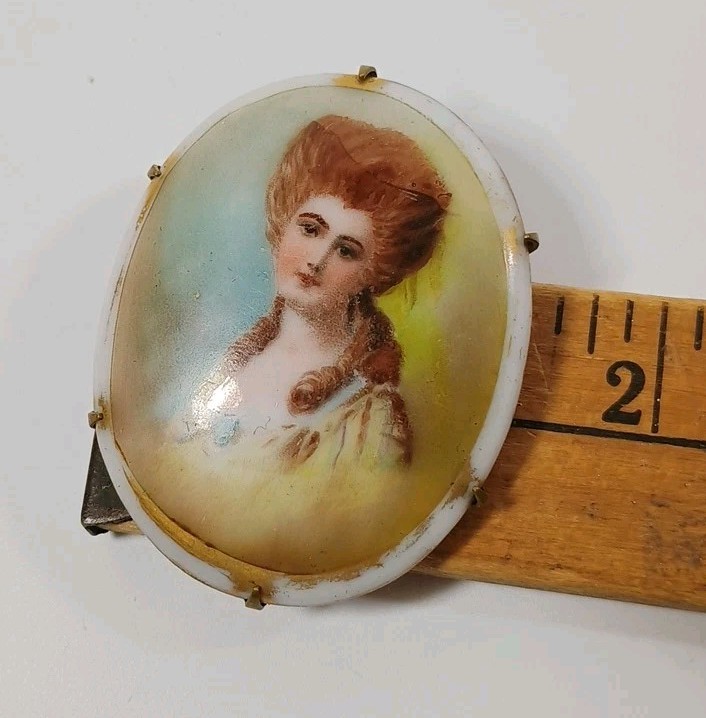 Antique Victorian Hand Painted Portrait Brooch Porcelain Brass C Clasp 2″