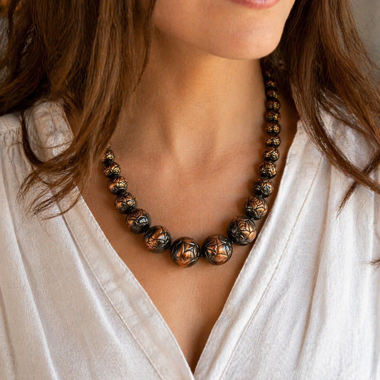 Vintage Brass Carved Bead Necklace Chunky Boho Statement Copper Tone 22″