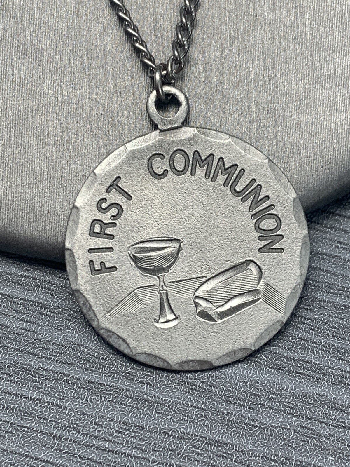 Vintage Pewter BDA First Holy Communion Hand Engraved Pendant Necklace 18”