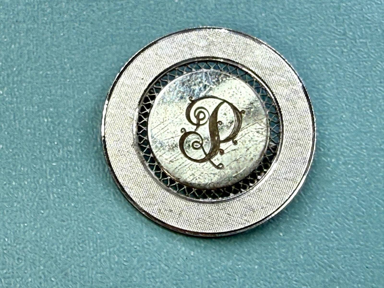 Initial Letter P ? Calligraphy On Vintage Sterling Silver Round Disc Brooch