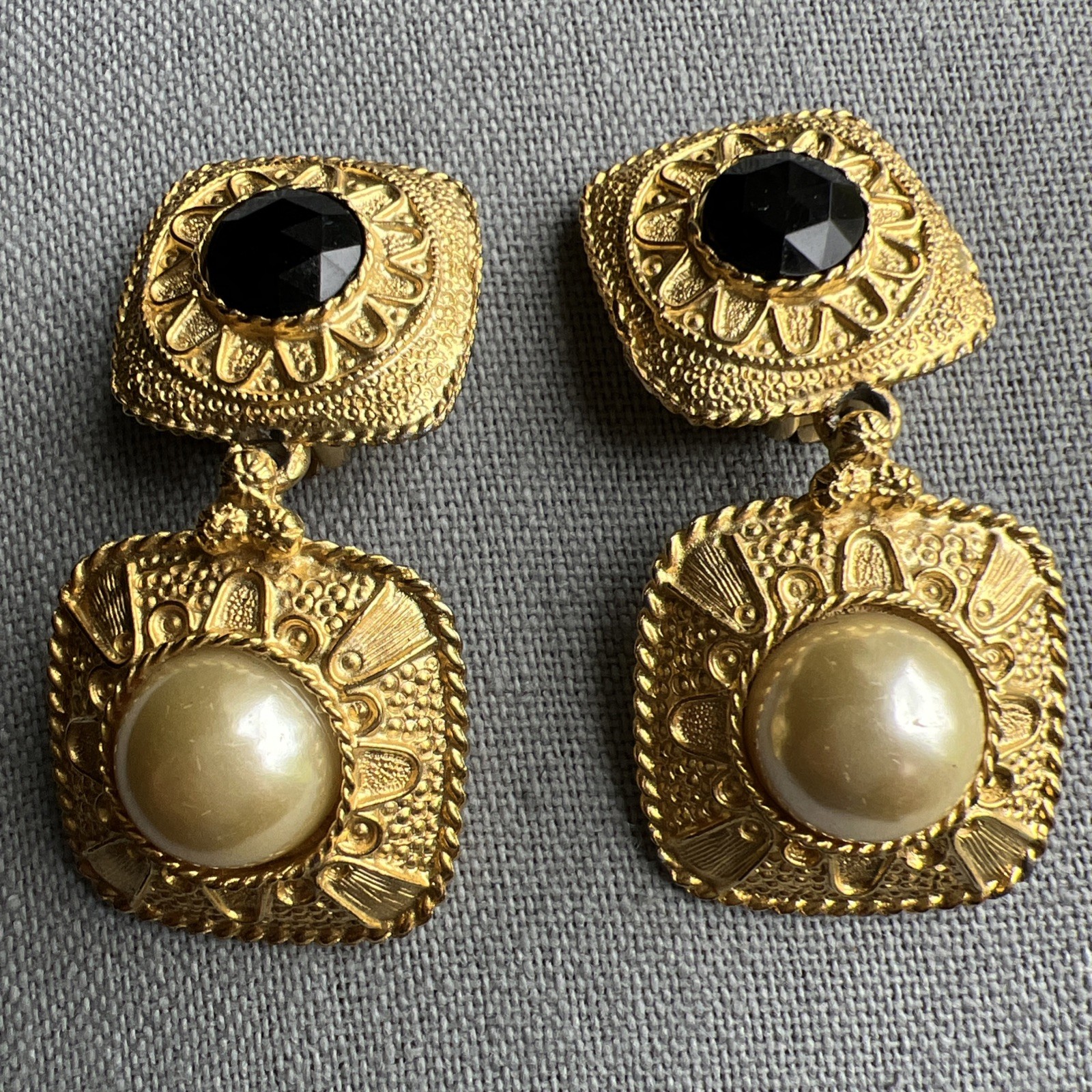 Vintage Faux Pearl & Black Rhinestone Gold Tone Metal Earrings; Classic!