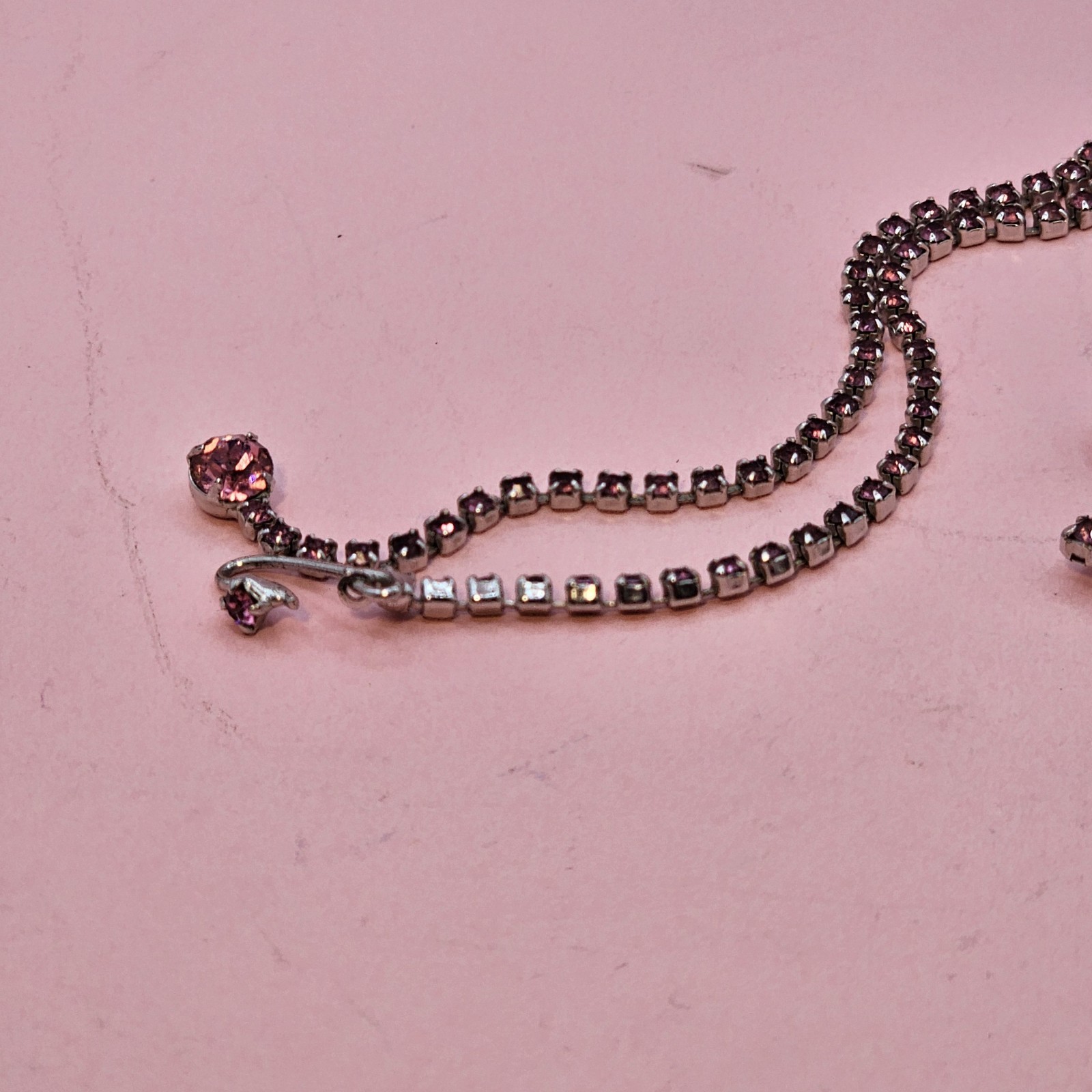 Vintage Pink Rhinestone Necklace Bow Statement Drop Bib Silvertone 1980s Prom