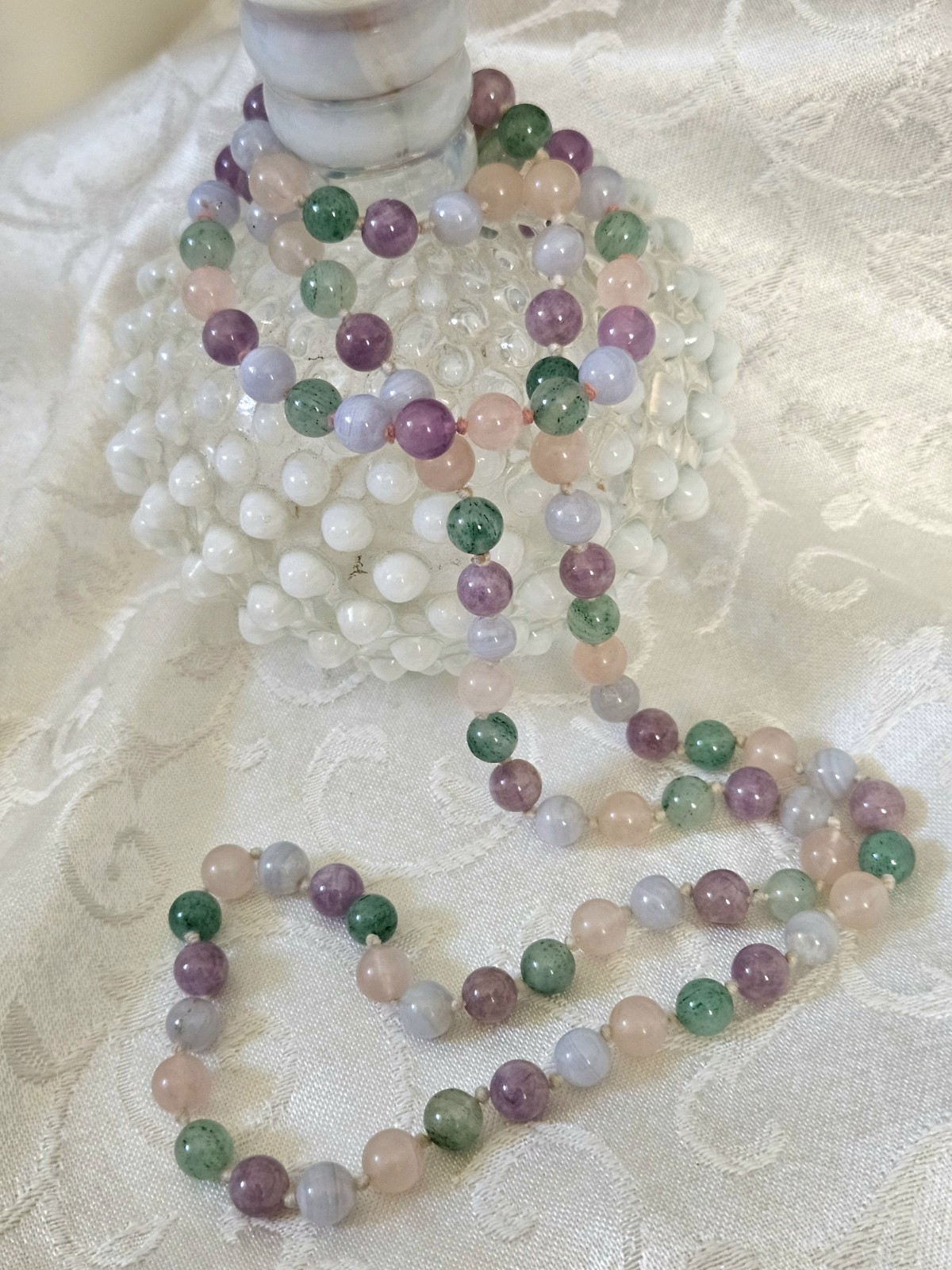 Vtg Multi Color Pastel Round Beaded Necklace Bracelet Set Jade Agate Quartz