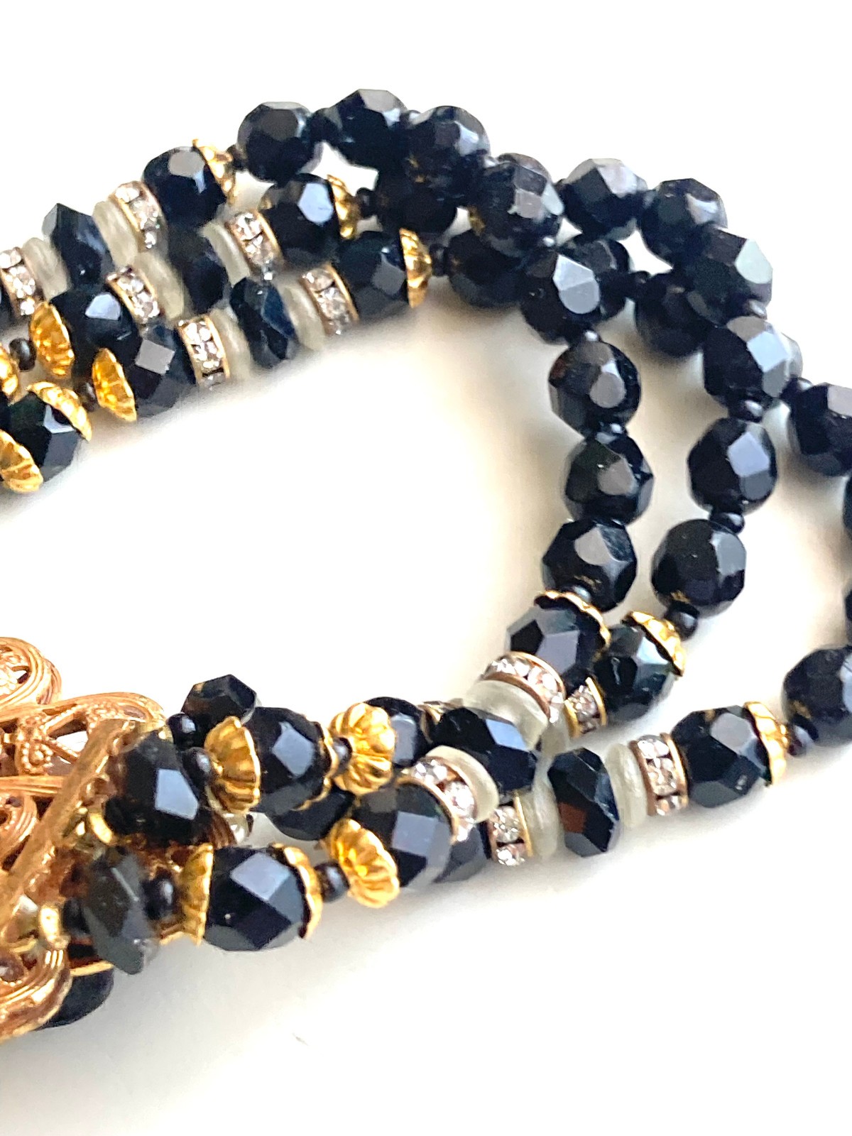 Vtg Unsigned Demario / Haskell 3 Strand Jet Black Glass Bracelet w Cluster Clasp