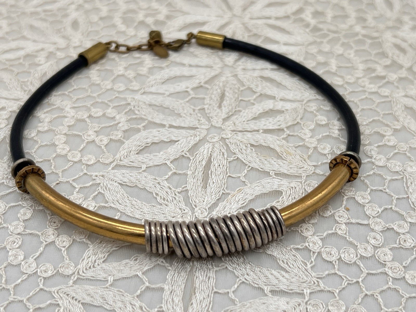VTG Baer SF Necklace Leather Cord Gold Silver Tone Modernist Statement Jewelry