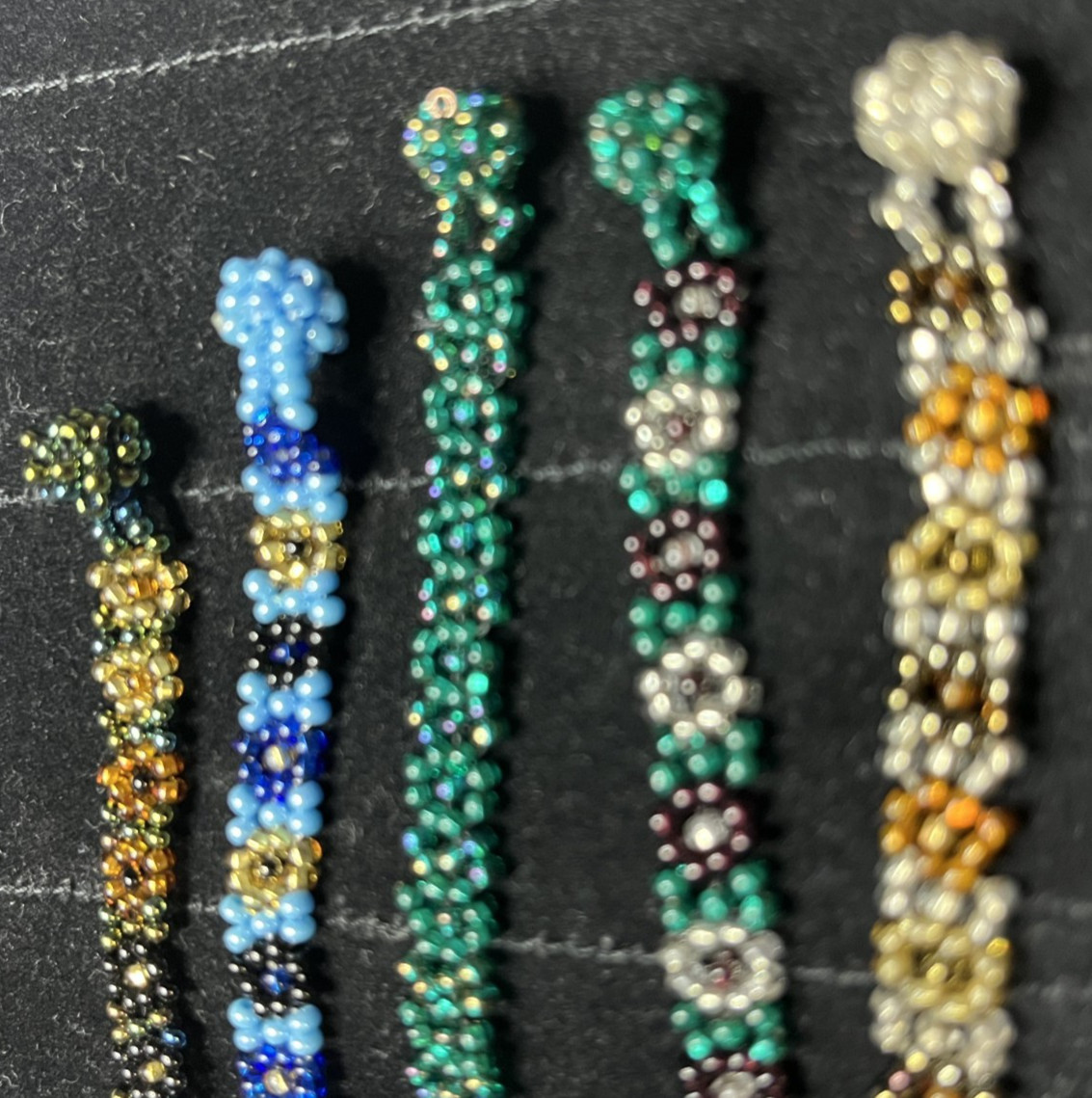 Lot of 5 Vintage Guatemalan Beaded Bracelets – Glass Flower Pattern – One w/Tag