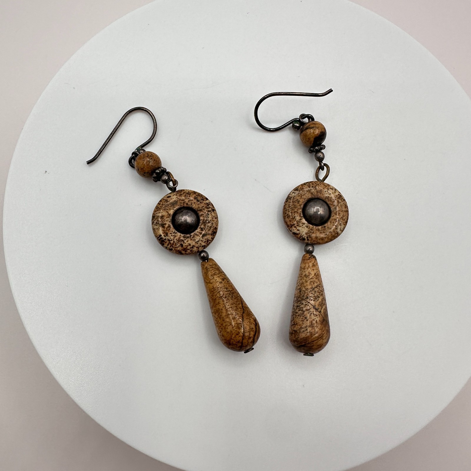 Vintage 90s Natural Jasper Stone Dangle Earrings Brown Boho Earthy Drop Jewelry