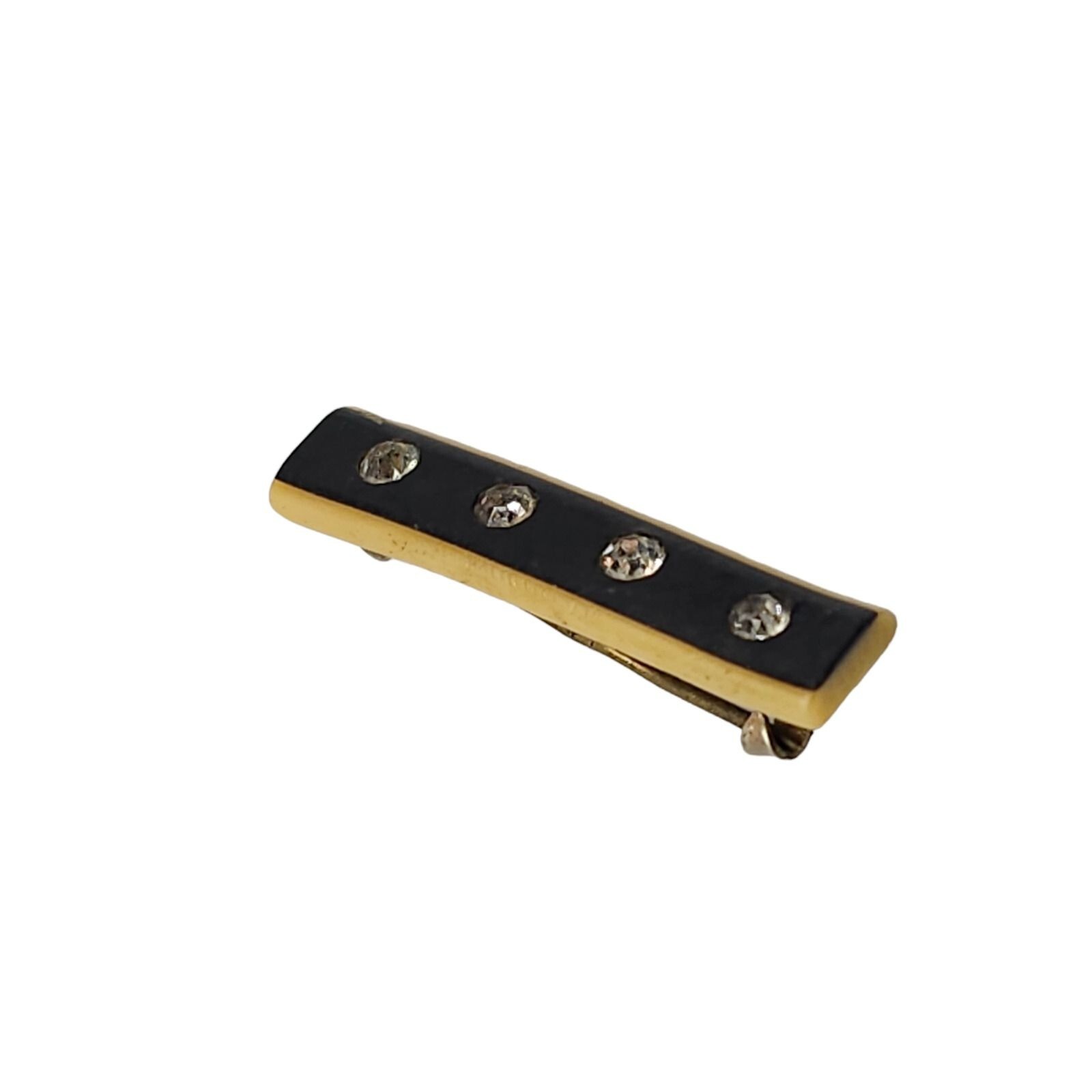 Clear Rhinestones Black Enamel Bar Brooch Pin Antique C Clasp