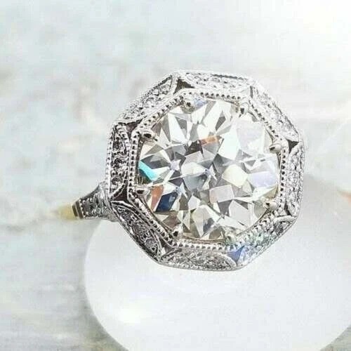 Art Deco Style Old European Cut Lab Created Diamond Anniversary 14K Gold FN Ring
