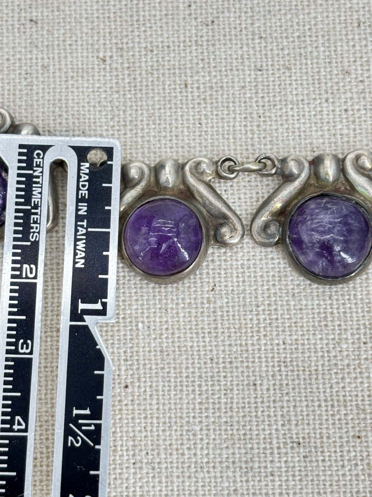 Vintage LOS CASTILLO 925 Sterling Silver Amethyst Floral Panel Link Necklace 15″