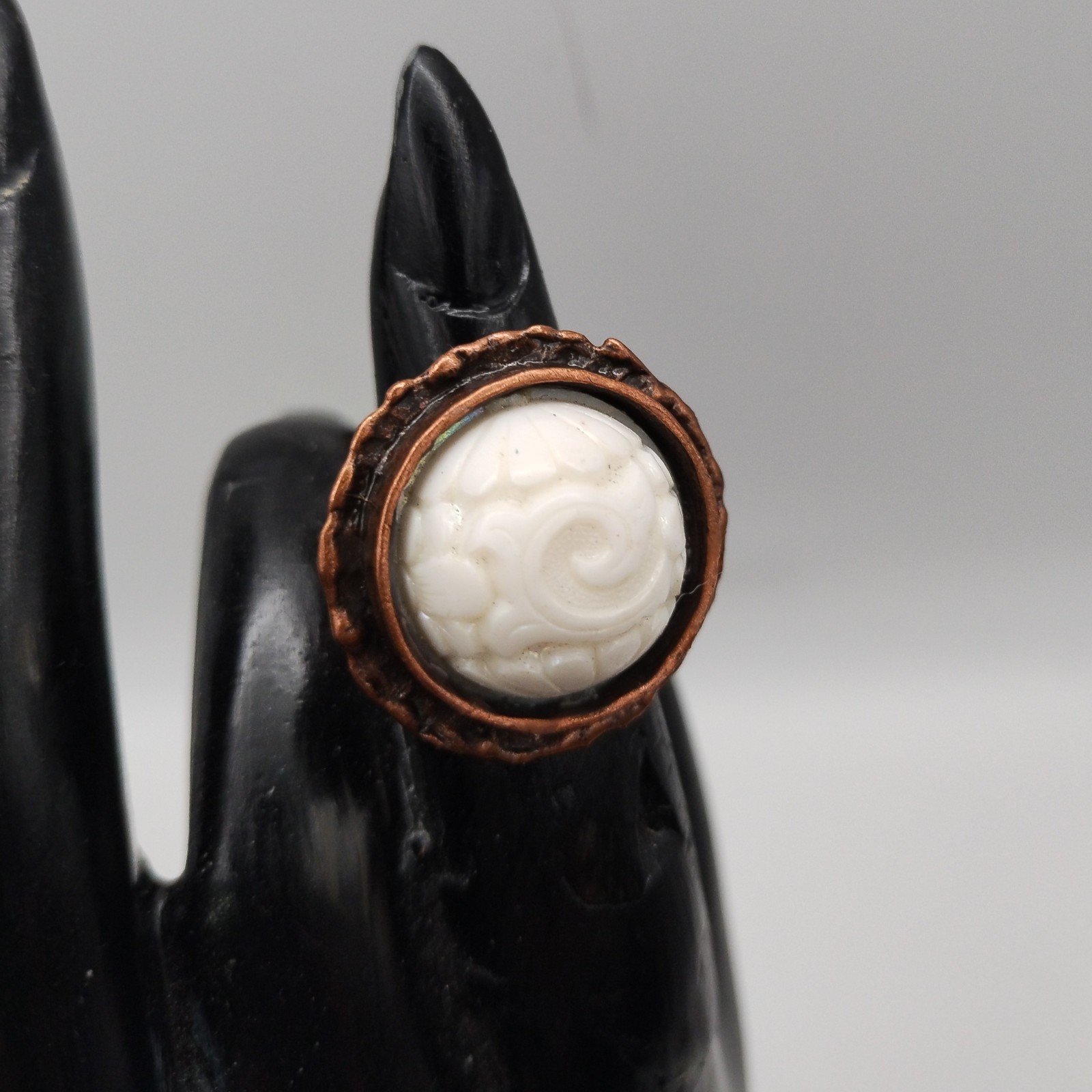 Adjustable Brutilist Style Copper Plated Ring w Vintage Opalescent Carved Stone