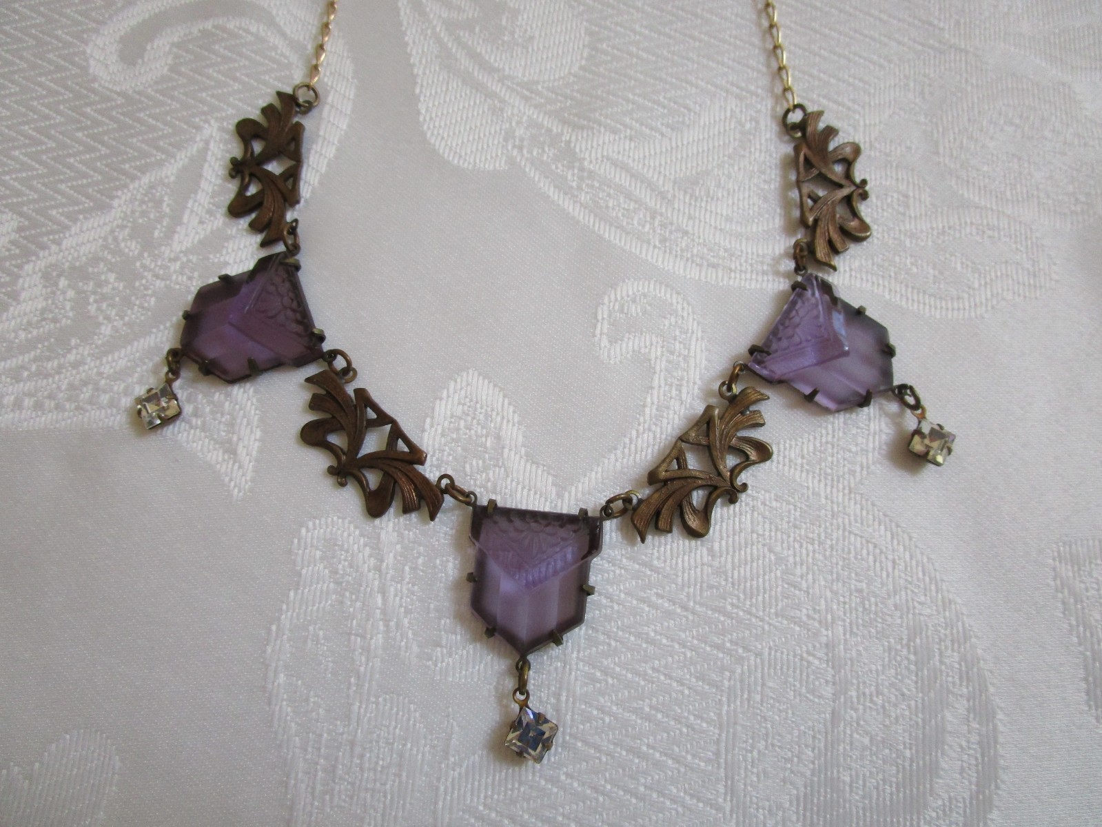 Vintage Glass Works Studio Purple Glass Clear Rhinestone Necklace 19” L Rare