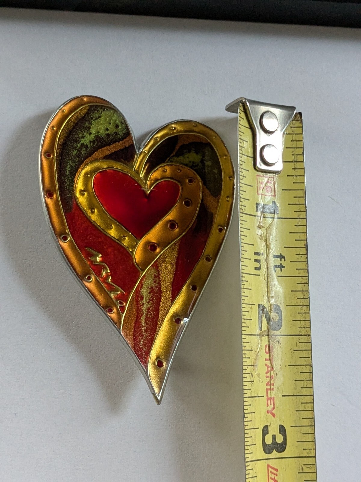 Rare Rachel Arvio Large Resin On Metal Heart Art Brooch Pin