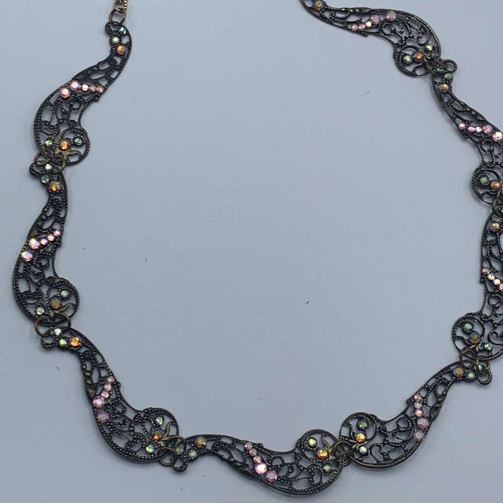 Glass Works Studio Brass Crystals Art Deco Style Dainty Necklace Flawed 14-18″