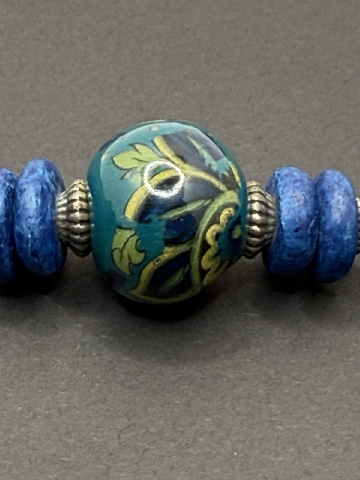 Vintage Beaded Necklace Teal Blue Ceramic Wood Barrel Closure 28” Handcrafted