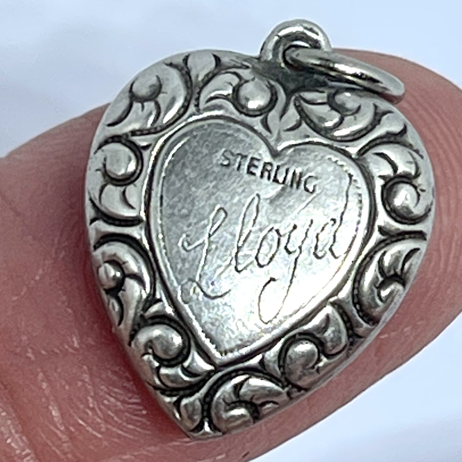 Victorian Puffy Heart Charm VTG Swirls Sterling Silver Repousse Lloyd Engraved
