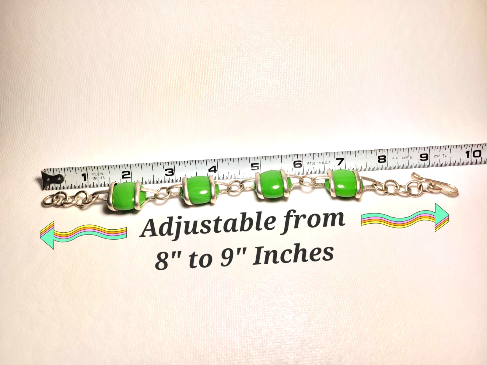 Vintage Artisan Wire Wrapped Green Glass Bead Silver Tone Link Bracelet 8″- 9″