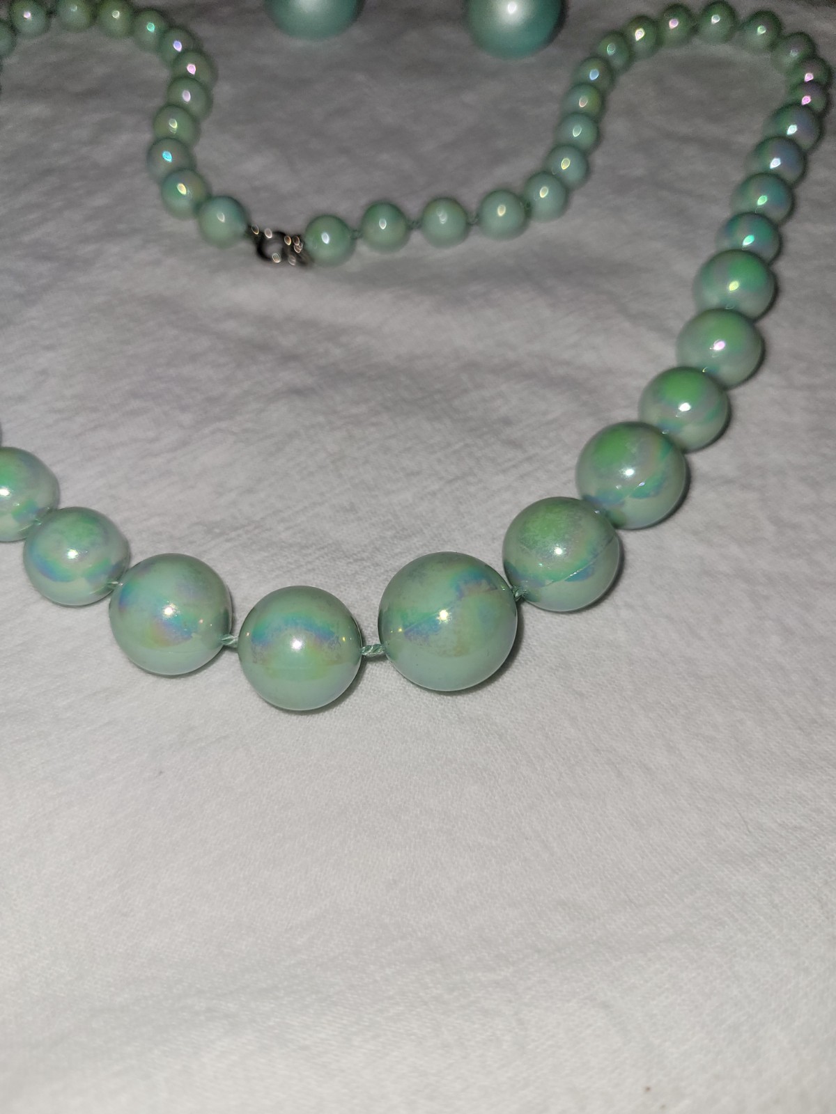 Vintage Teal Blue Aqua Acrylic Iridescent Beaded Necklace W Matching Earrings
