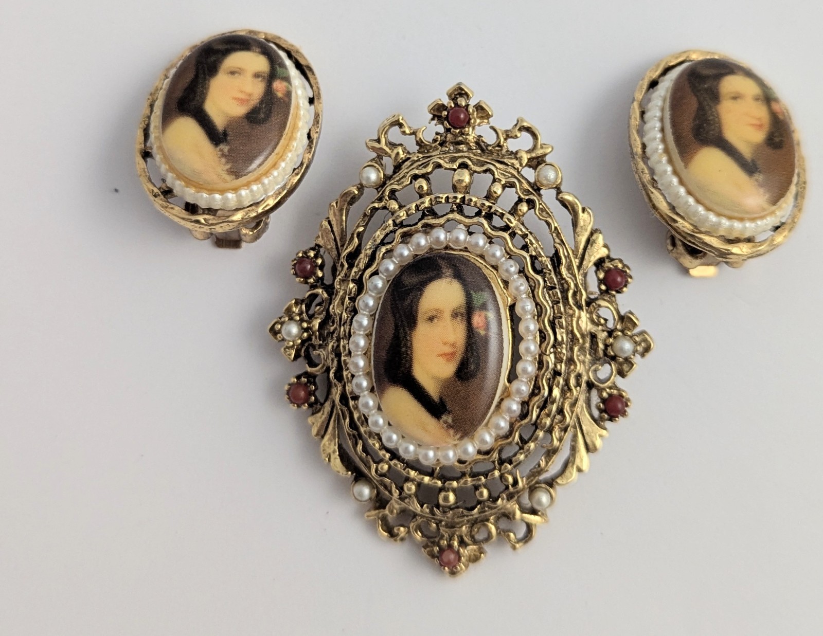 Vth Signed ART Arthur Pepper Victorian Revival Portrait Brooch Clip Earring Set