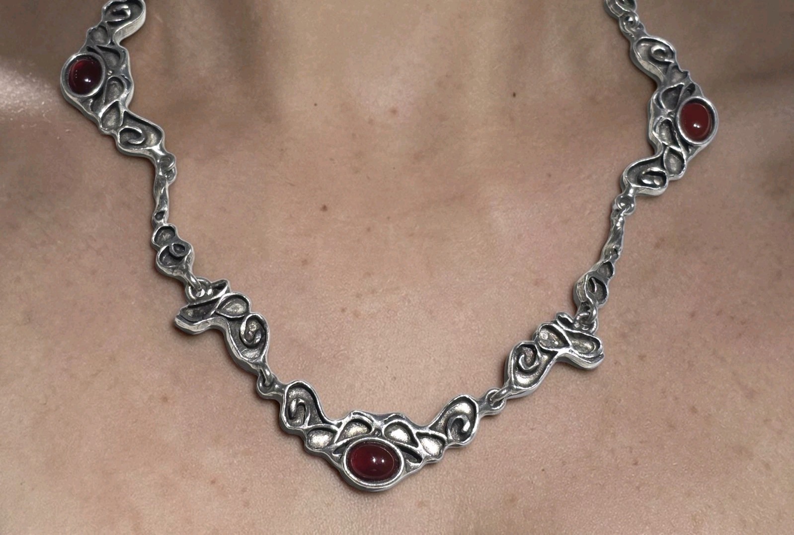 Vintage Brutalist Organic Pewter Necklace Red Cabochon Mid Century Modernist