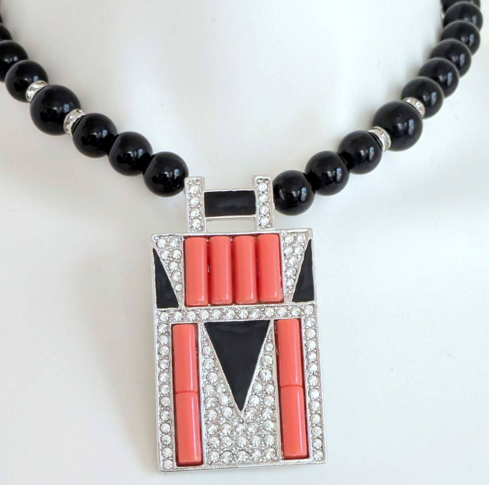 Gorgeous Rare KJL Kenneth Lane Black Beaded Art Deco Coral Pendant Necklace