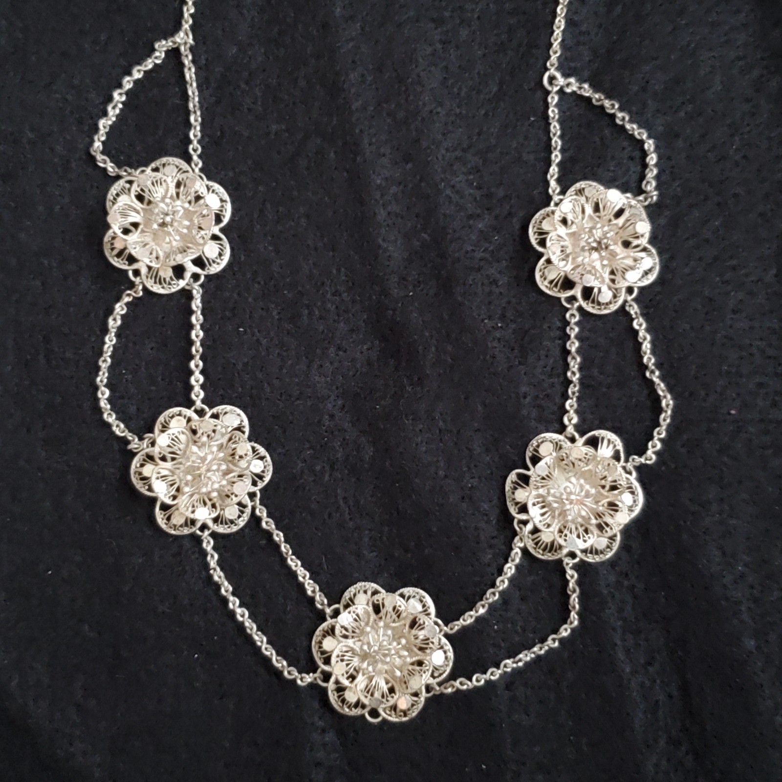 Sterling Silver Cannetille Filigree Necklace Floral Station Swag Choker 15″