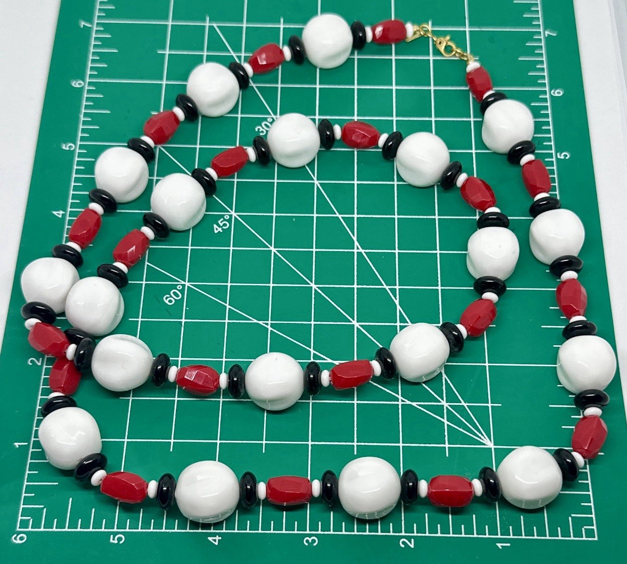 Vintage MONET Red White & Black Lucite Chunky Bead 34″ Necklace