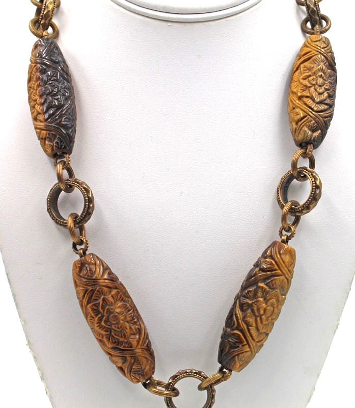 Stephen Dweck Bronze & Carved Floral Tiger’s Eye Station Pendant Necklace 23.25″
