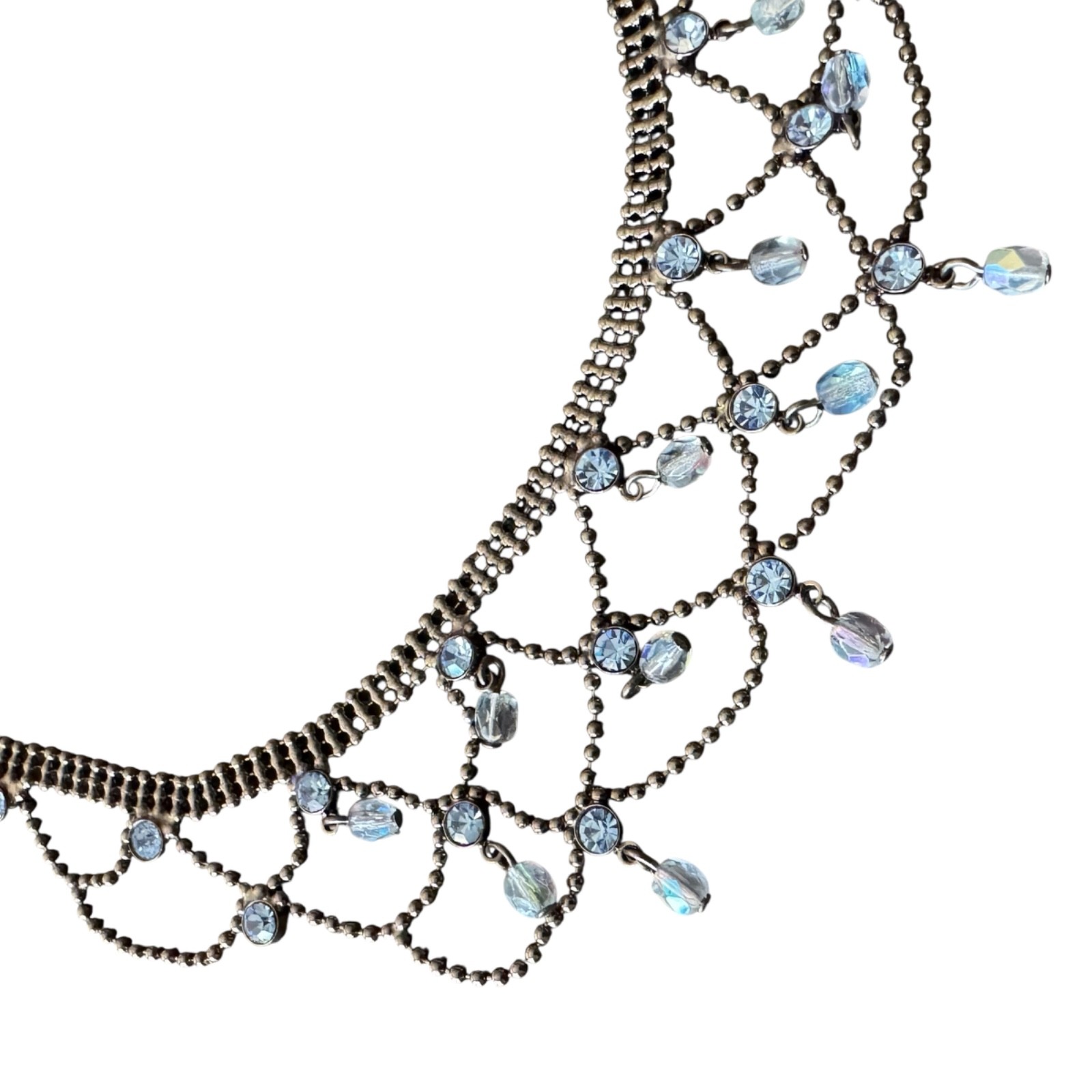 Y2K Lia Sophia Blue Rhinestone Lace Bib Choker Necklace Coquette Bead Fringe