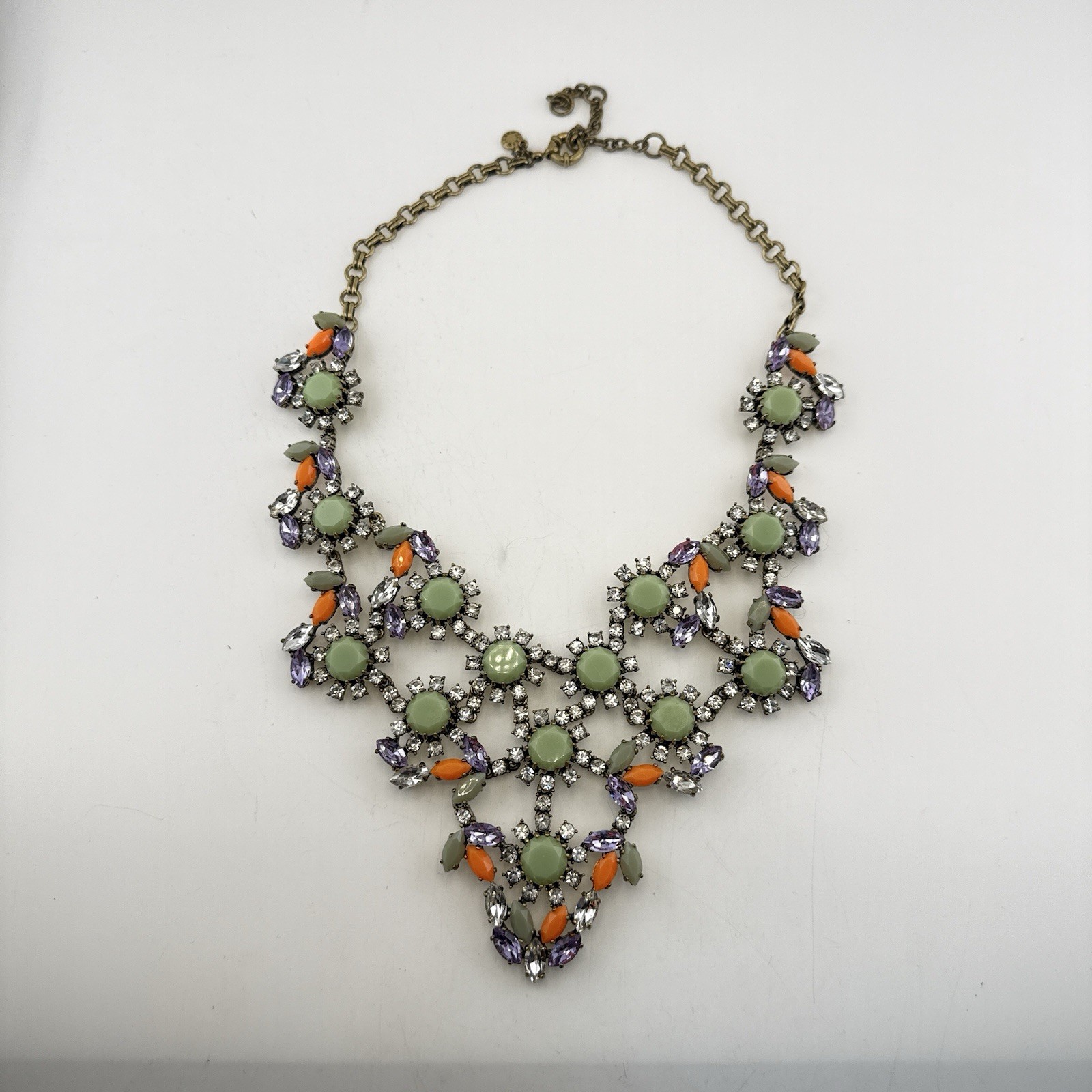 J Crew Necklace Bib Chunky Green Orange Bold Festoon Floral Rhinestone Statement