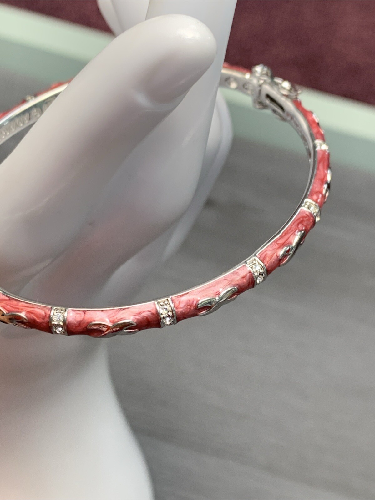 Vintage Bracelet signed, Laura Adams, pink enamel micro crystal hinged bangle