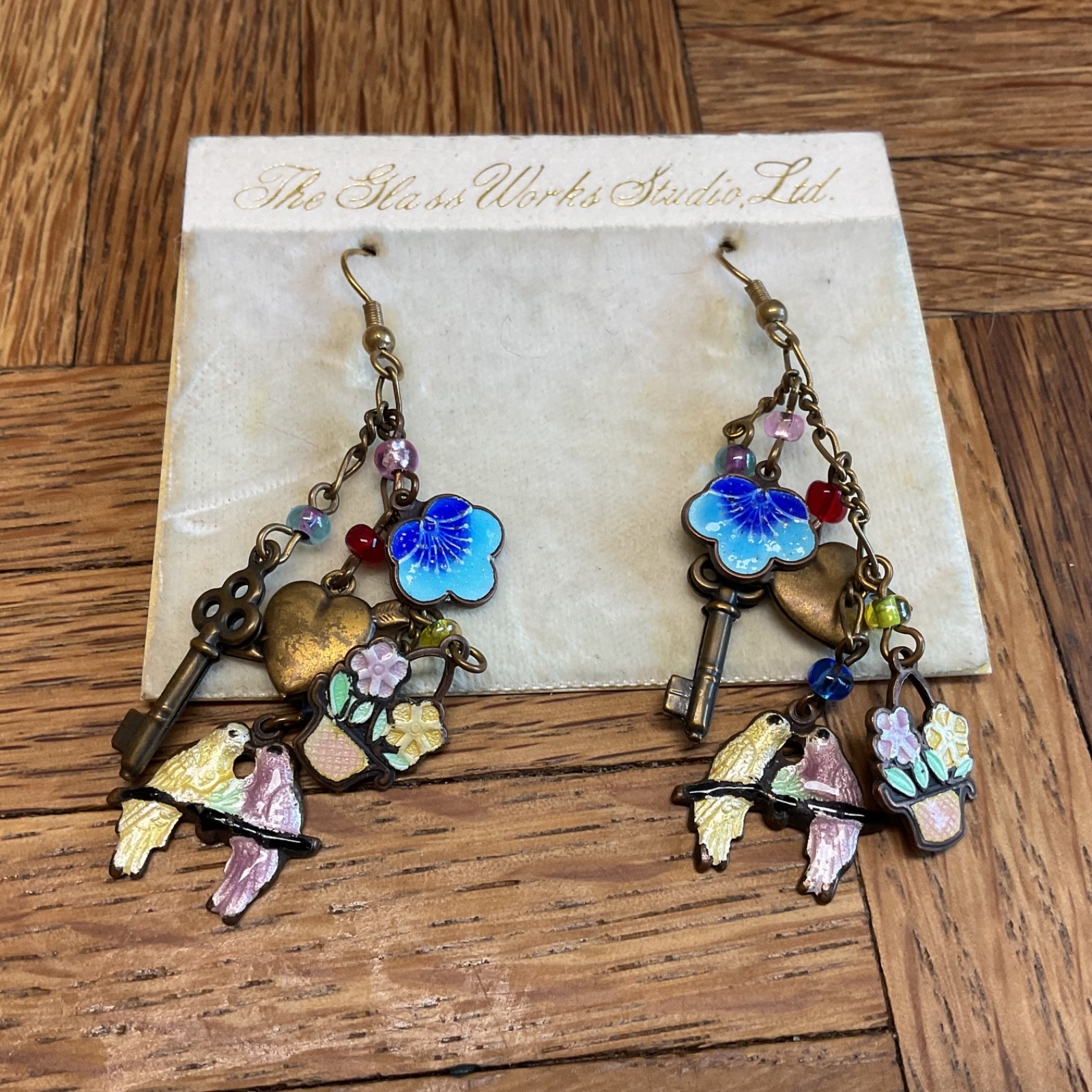 Vintage Glass Works Studio Asymmetrical Charm Earrings Birds Keys Hearts