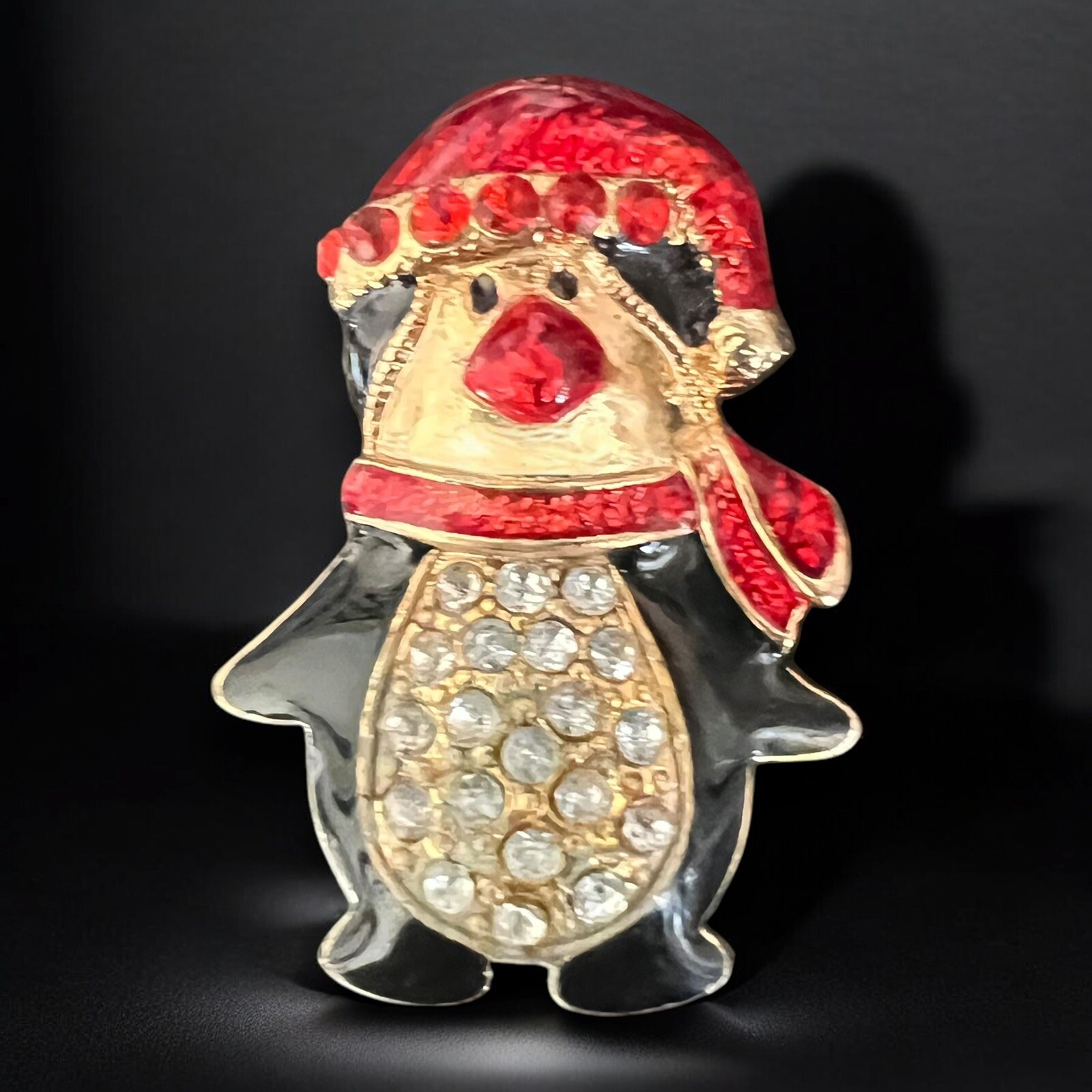 Penguin Christmas Brooch Red Enamel Hat Rhinestones Gold Tone Vintage Holiday