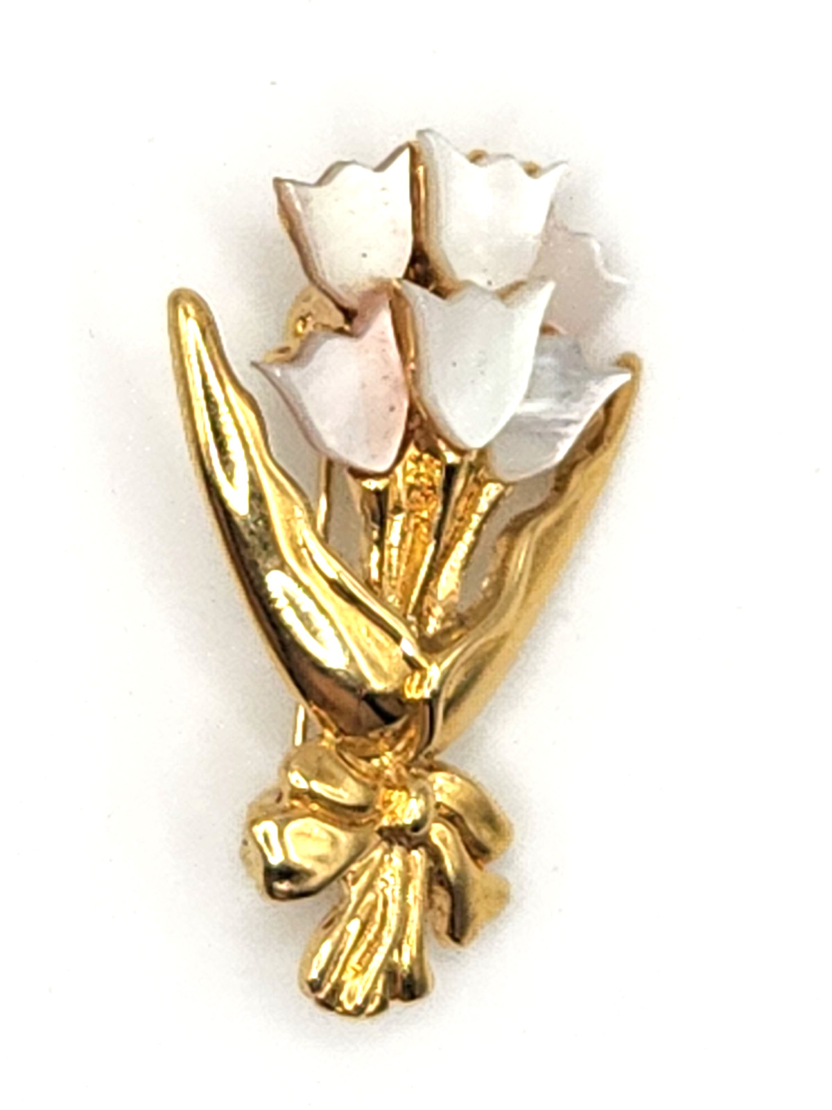 Vintage White Mother of Pearl Tulip Flower Bouquet Bow Gold Tone Brooch Pin