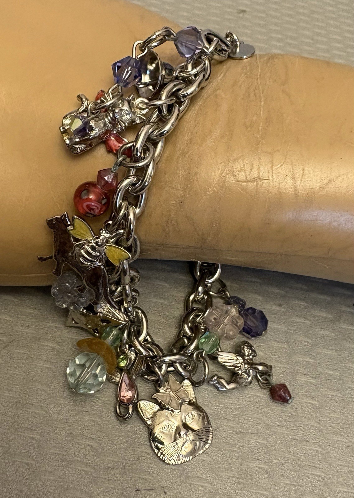 Vintage Kirks Folly Cat Lover Garden Fairies Whimsical Charm Bracelet Silvertone