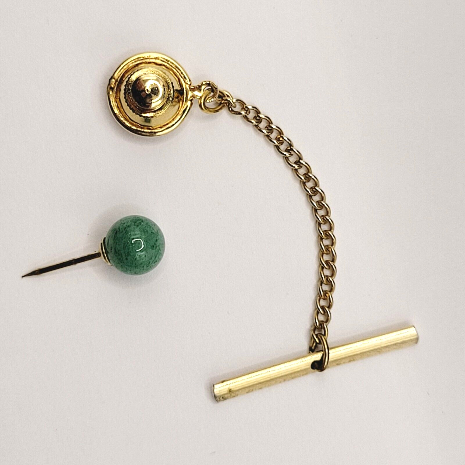 Jade Round Ball Polished Stone Gold Tone Vintage Tie Tack Pin with Chain