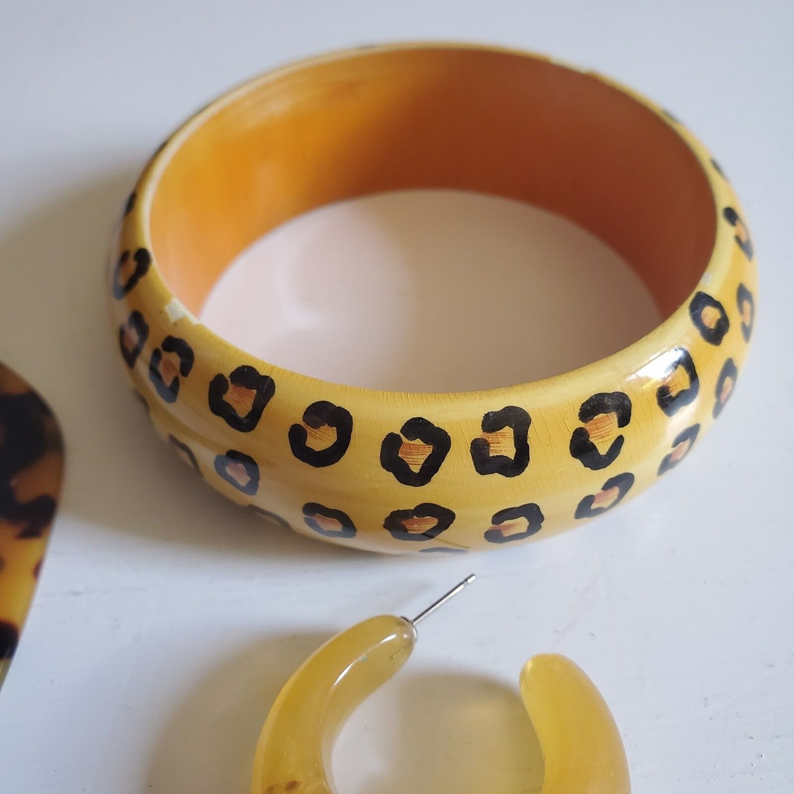 Vintage Leopard Animal Print Bracelets & Earrings, Painted Wood & Lucite