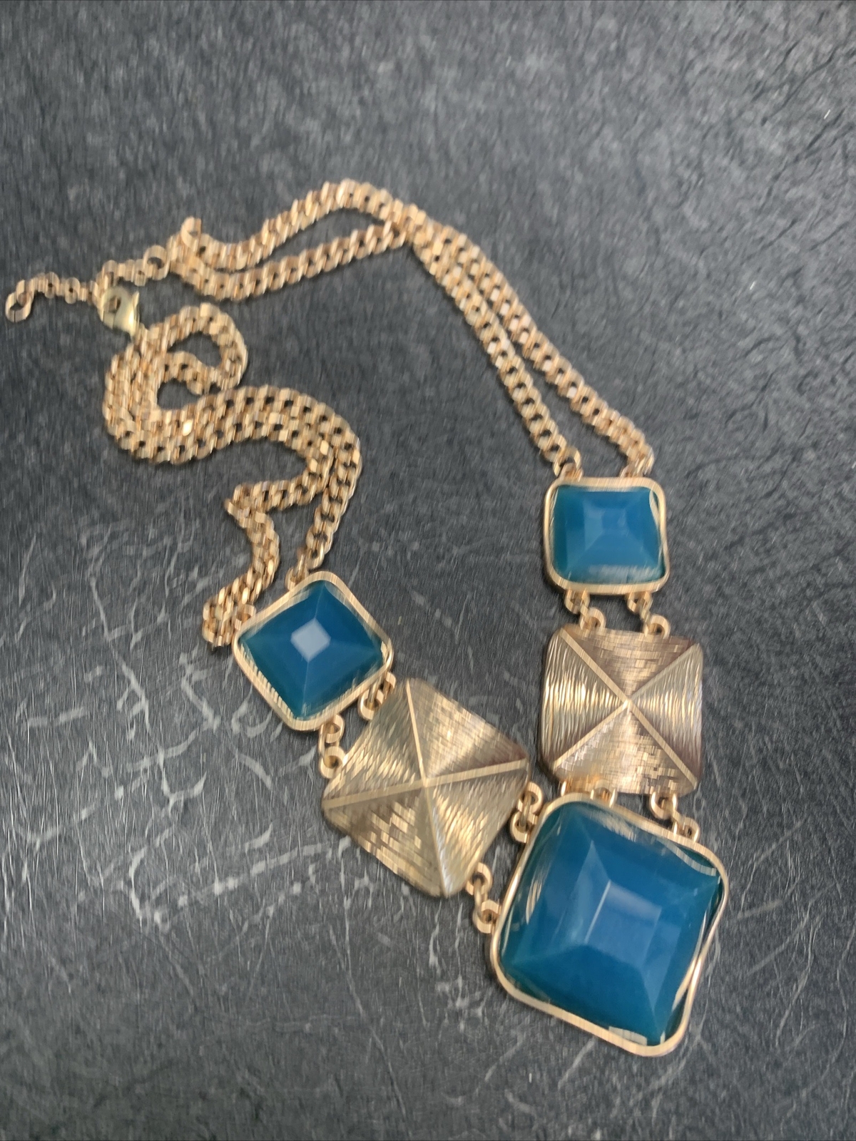 Vintage Teal Blue, Golden Chain, Bib Statement Necklace 18”