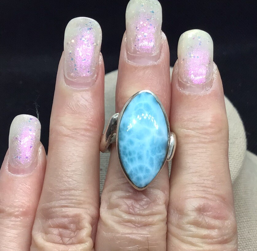 Vintage Silver Plated Long Blue Beryl Stone Ring Sz 8 E916