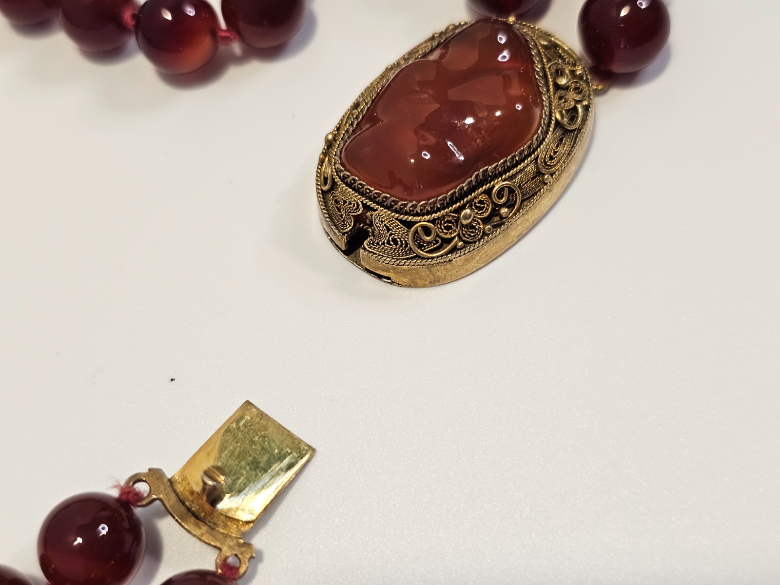 Vintage Carnelian bead necklace sterling gold wash filigree clasp