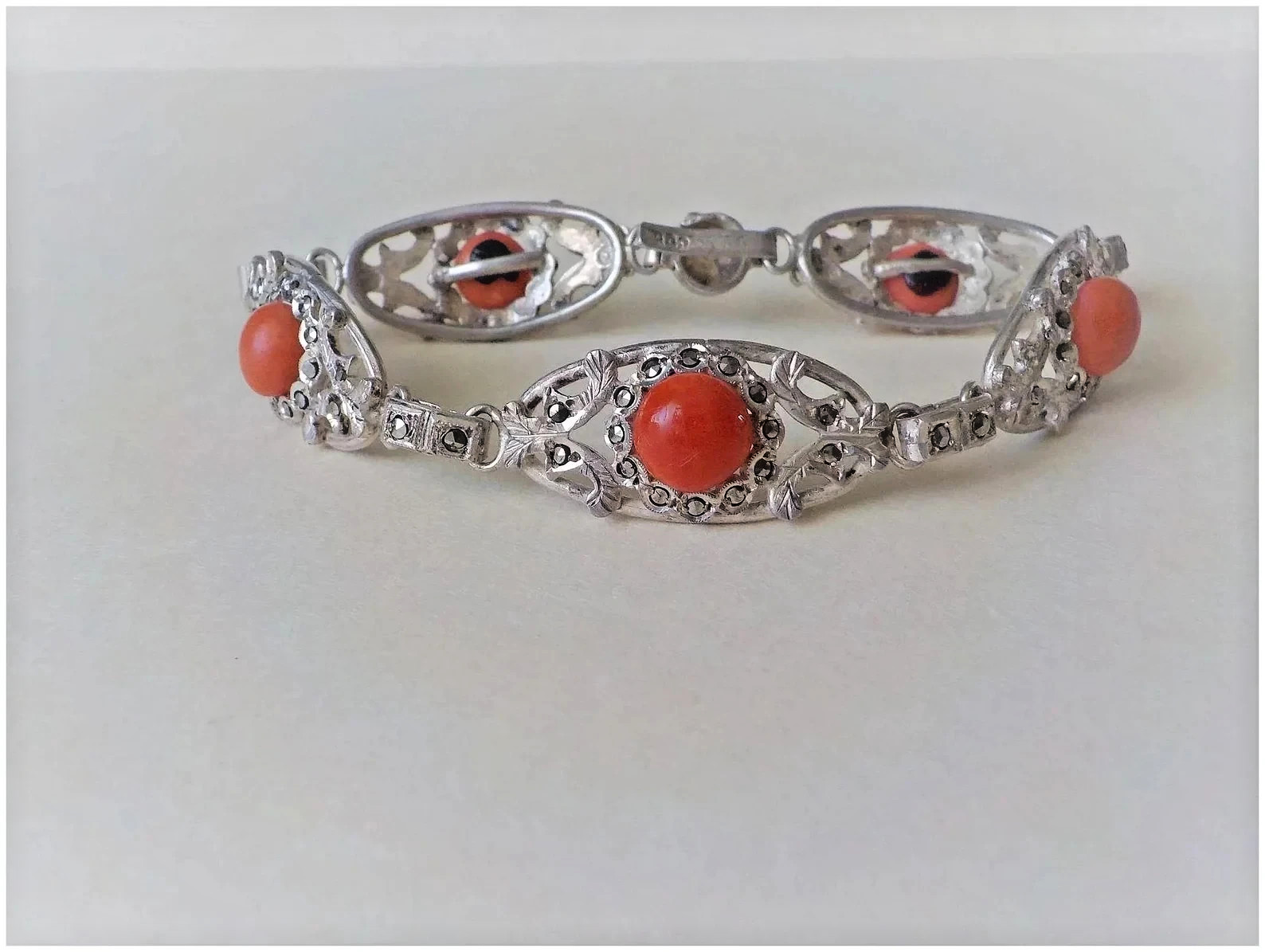 Vintage European Ox Blood Red Coral Marcasite 800 Silver Bracelet