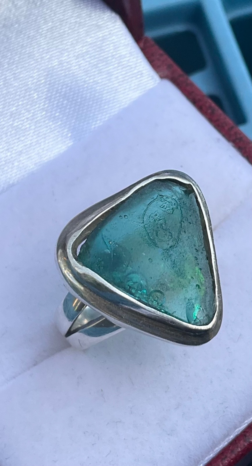 Vintage STERLING RING Aqua Sea Glass Shard Caribbean Blue Signed FNA Size 7.25