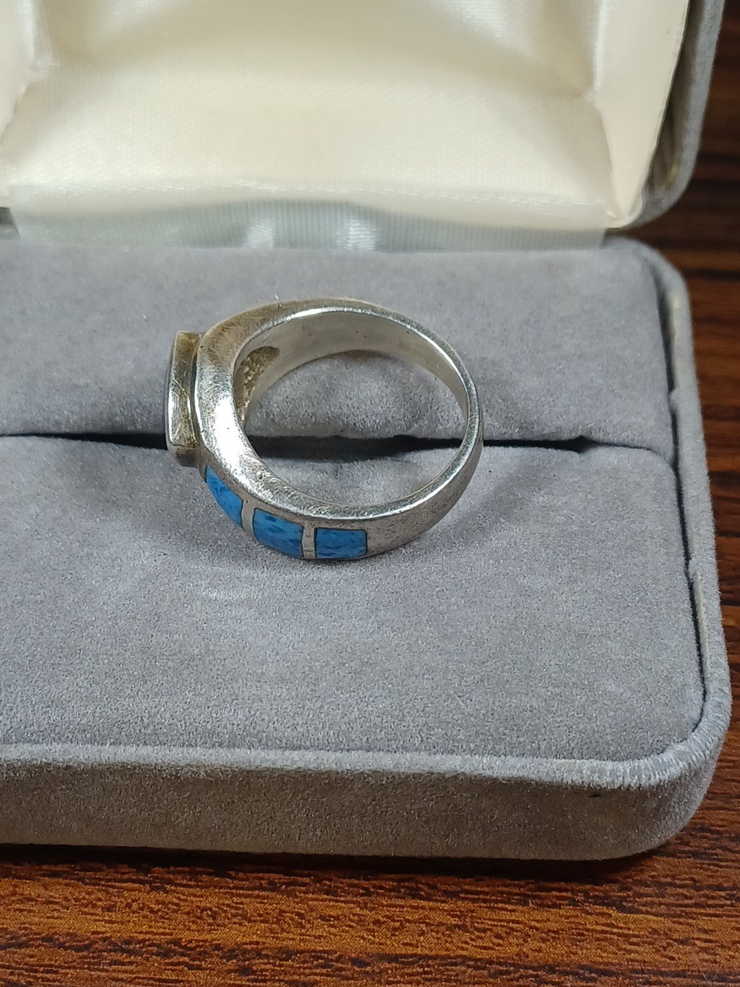 Vintage Sterling Silver Ring Blue Topaz Trillion Cut Stone Turquoise Accents