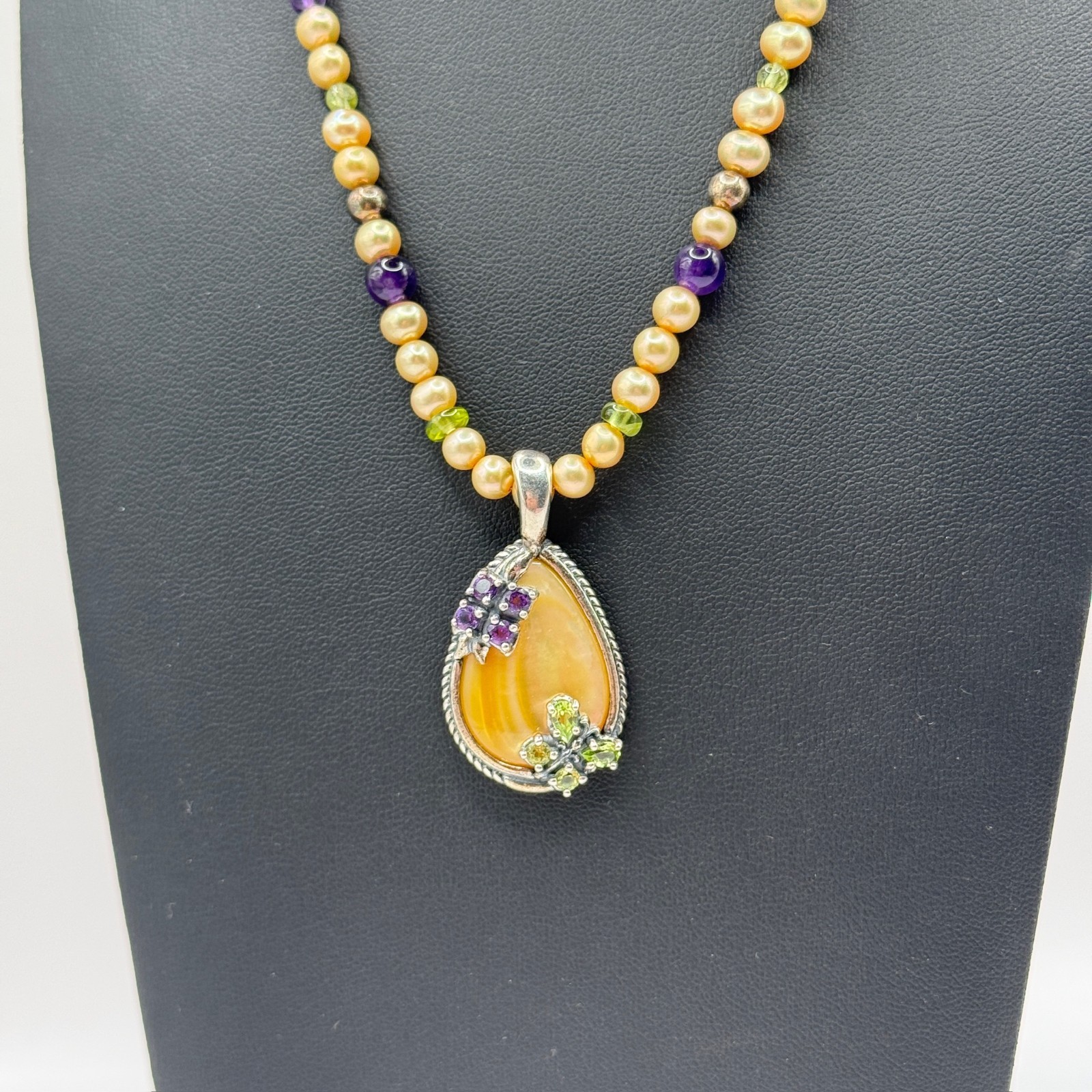 VTG Carolyn Pollack Gold MOP Peridot Amethyst Beaded Pendant Necklace 925 Silver
