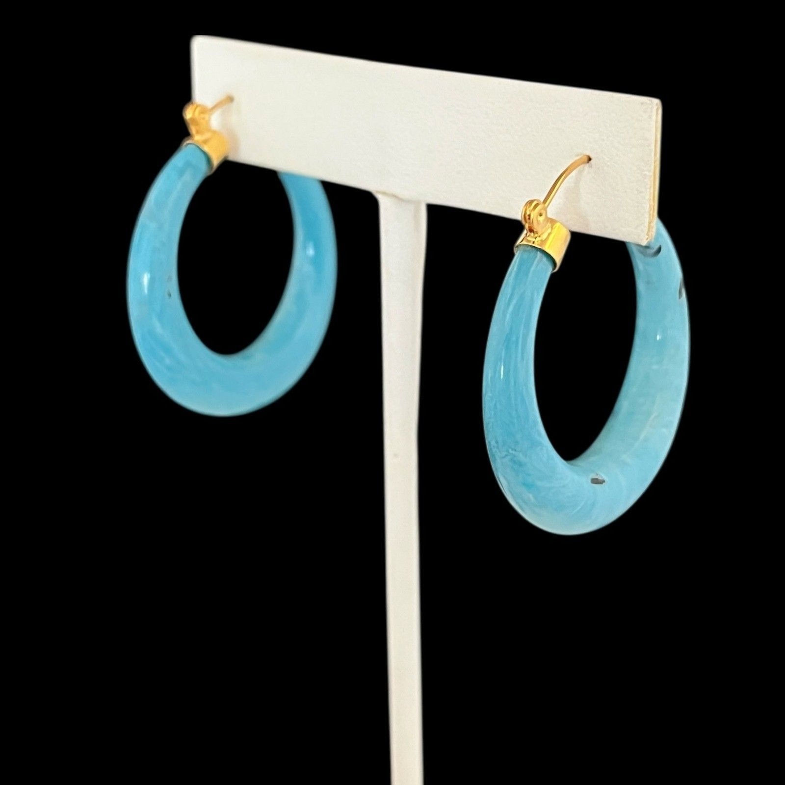 Vintage 1980s Lucite Earrings Hoops Gold Plated Blue Original Stock – 4N