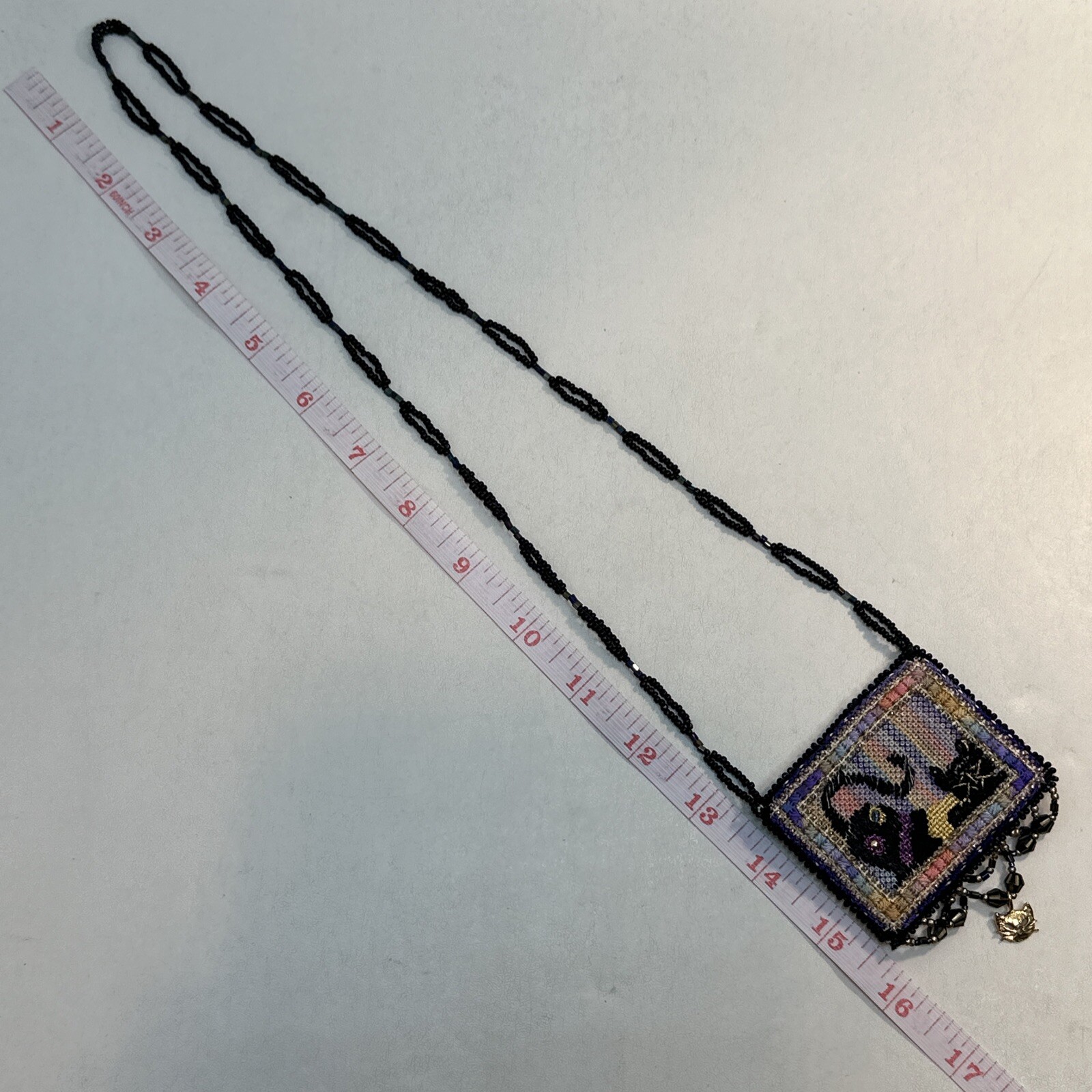 Vintage Handmade Kitty Cat Sead Bead Southwestern Necklace With Fringe Dangle