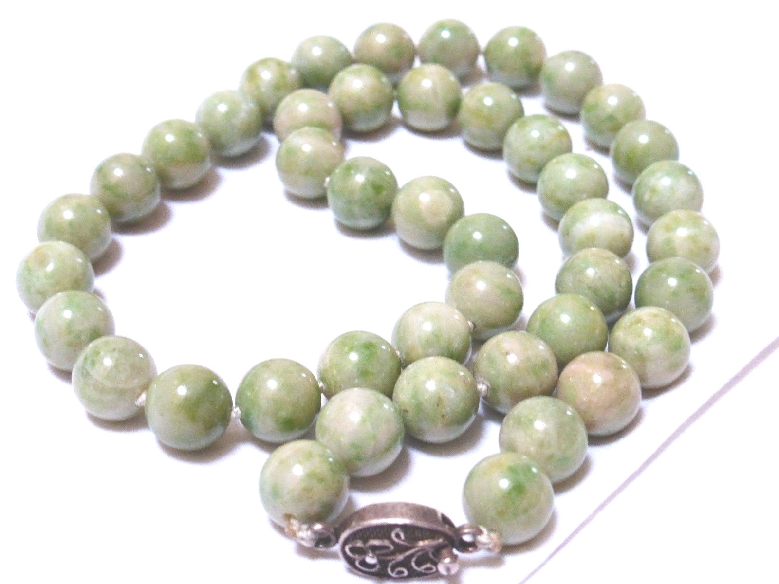 CHINESE VINTAGE Apple GREEN JADE 10mm BEAD NECKLACE, SILVER CLASP, 84 grams