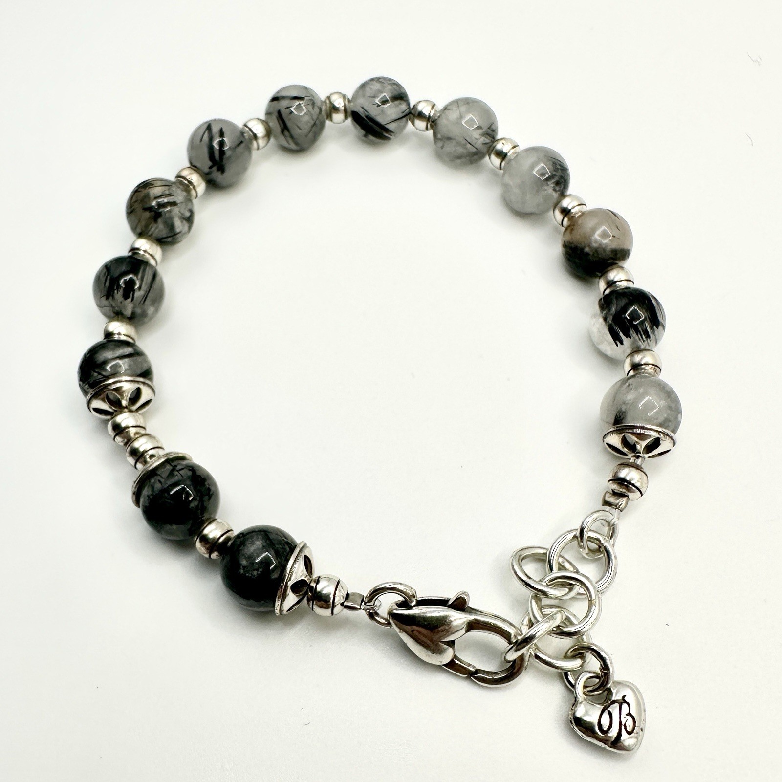 Vintage BRIGHTON Black Rutilated Quartz Beaded Bracelet Gray Marbled Silver Tone
