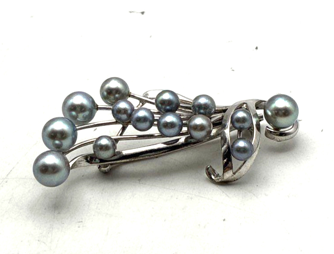 VTG BLUE AKOYA PEARL Necklace SET 10k WG 7mm Baroque Saltwater Pin 3″ SILVER 19″